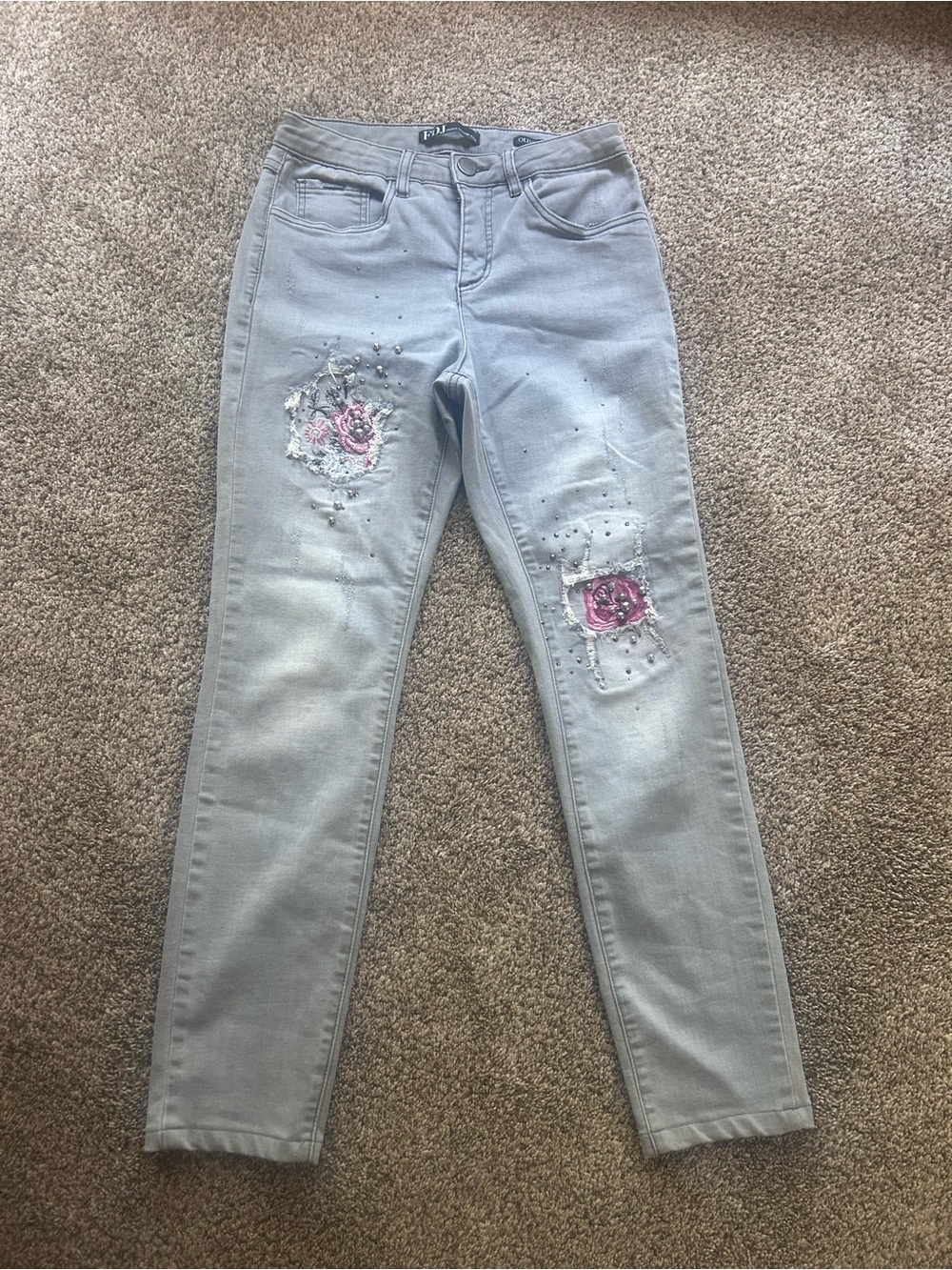 FDJ Light Gray Skinny Jeans with Pink Rose Embroidery